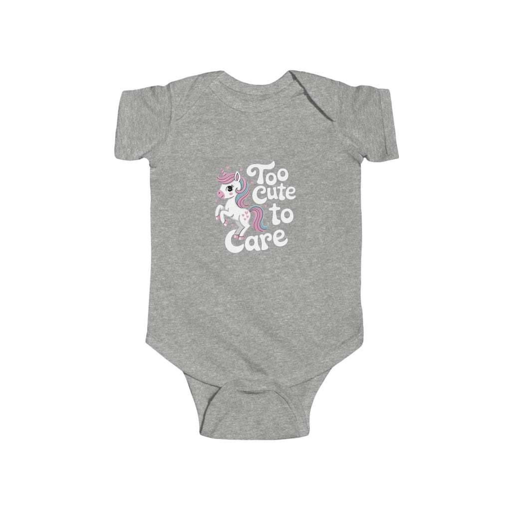 Too Cute to Care Unicorn Baby Bodysuit — Infant Onesie with Playful Pink Graphic.