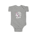 Too Cute to Care Unicorn Baby Bodysuit — Infant Onesie with Playful Pink Graphic.
