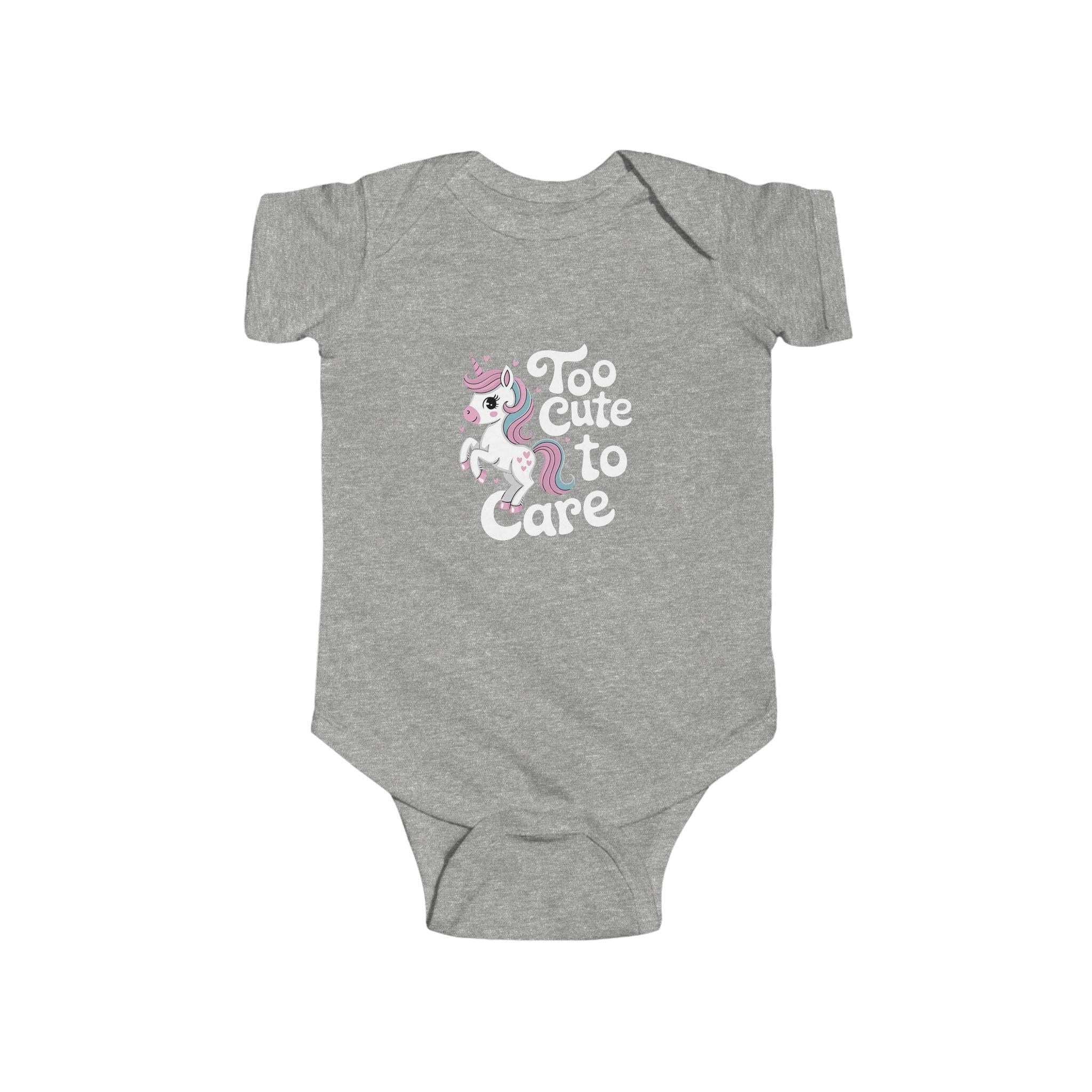 Too Cute to Care Unicorn Baby Bodysuit — Infant Onesie with Playful Pink Graphic.