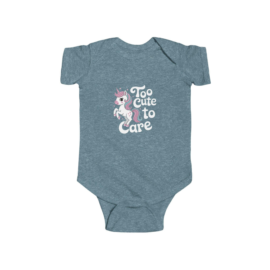 Too Cute to Care Unicorn Baby Bodysuit — Infant Onesie with Playful Pink Graphic.