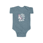 Too Cute to Care Unicorn Baby Bodysuit — Infant Onesie with Playful Pink Graphic.