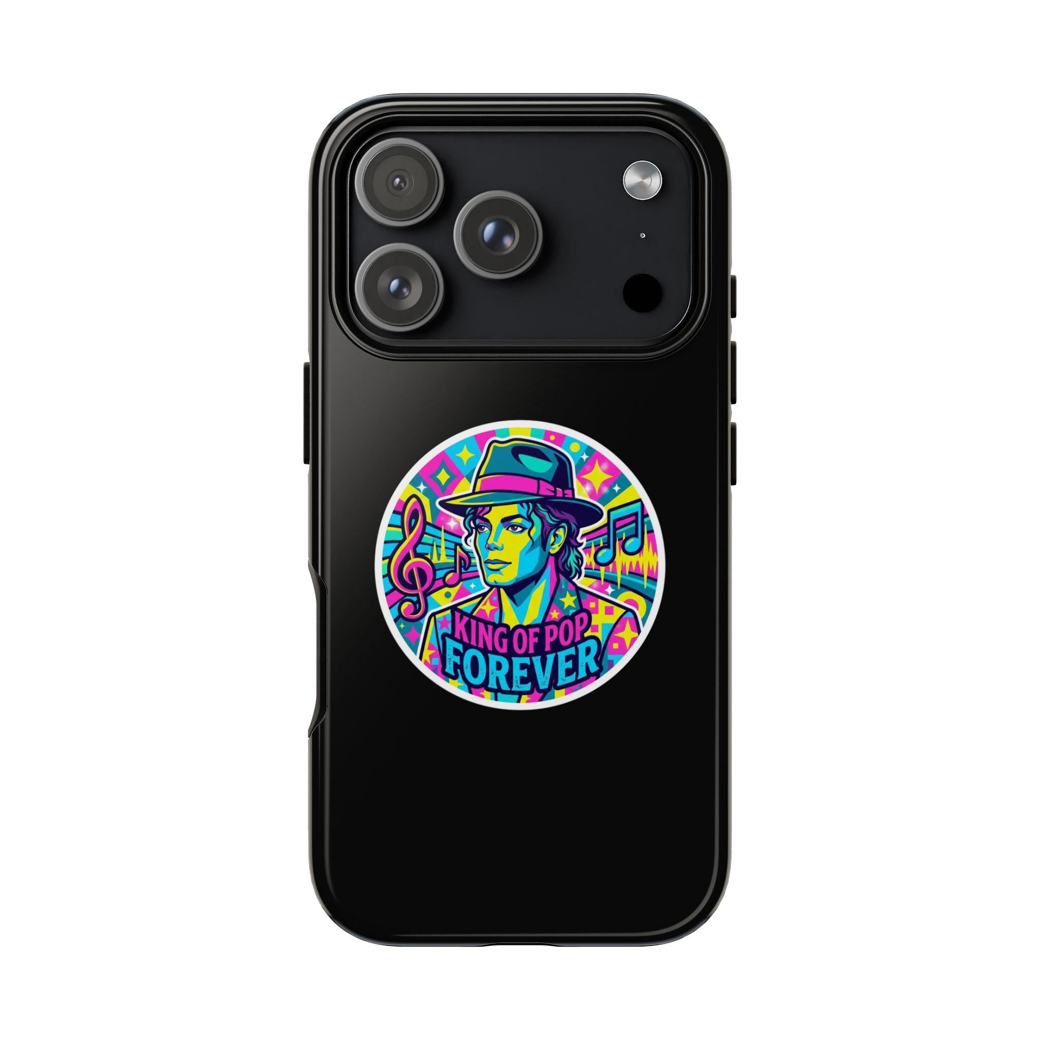 Matte Black iPhone Tough Cases 12 to 17 Pro Max  — "King of Pop Forever" Retro Pop Art Phone Case