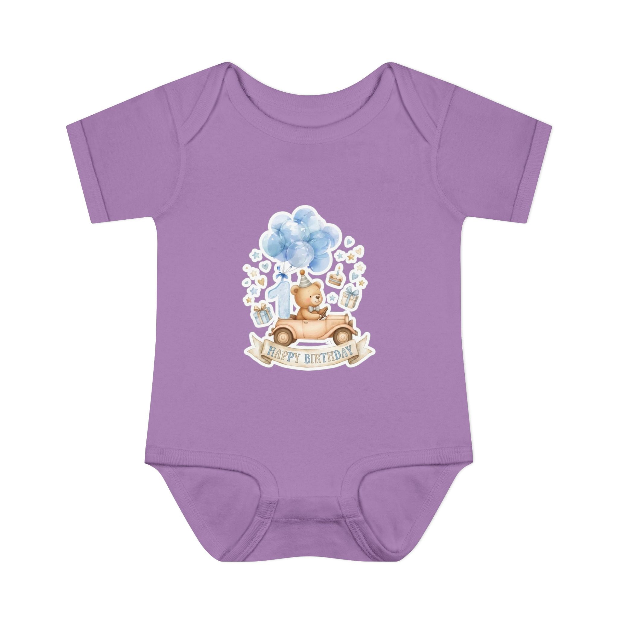 Baby Bodysuit - Blue Teddy Bear with Balloons "Happy Birthday" Infant Onesie