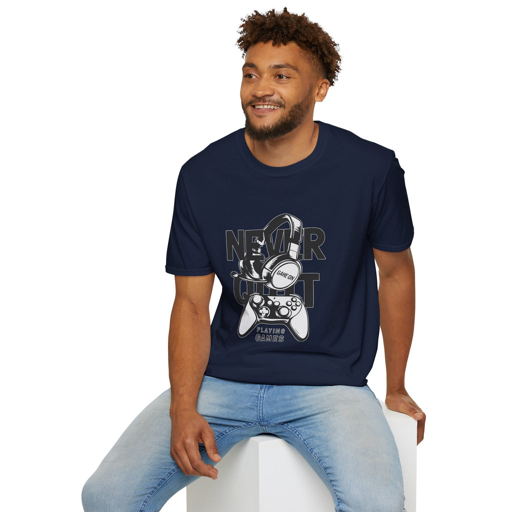 Gamer 'Never Quit' T-Shirt — Headphones & Controller Retro Gaming Tee