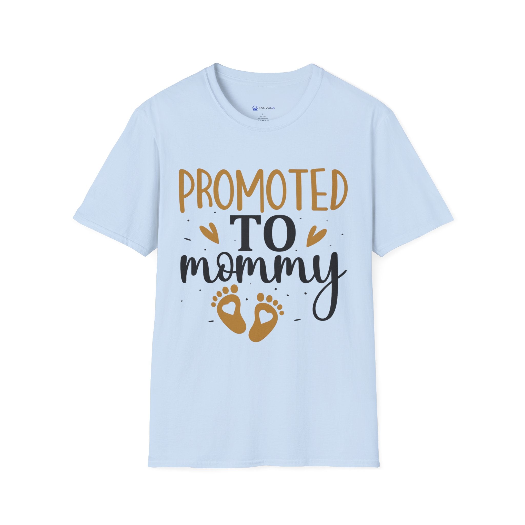 Promoted to Mommy T-Shirt — Pregnancy Announcement Tee with Gold Hearts & Baby Footprints