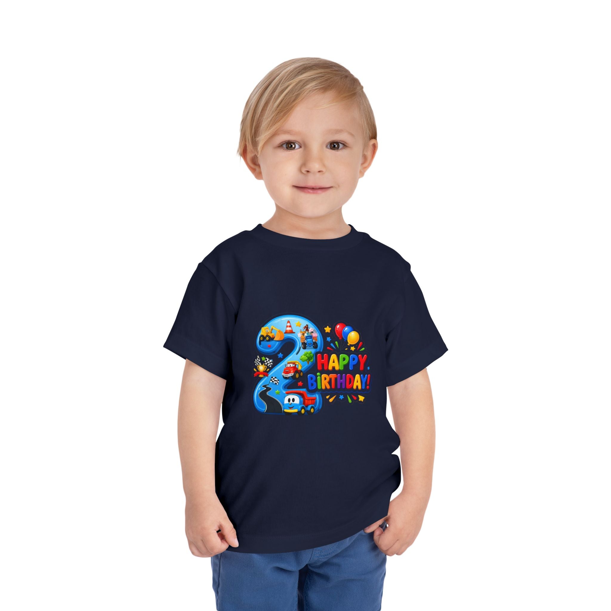 2nd Birthday Toddler Tee — Happy Birthday Number 2 with Cars & Balloons
