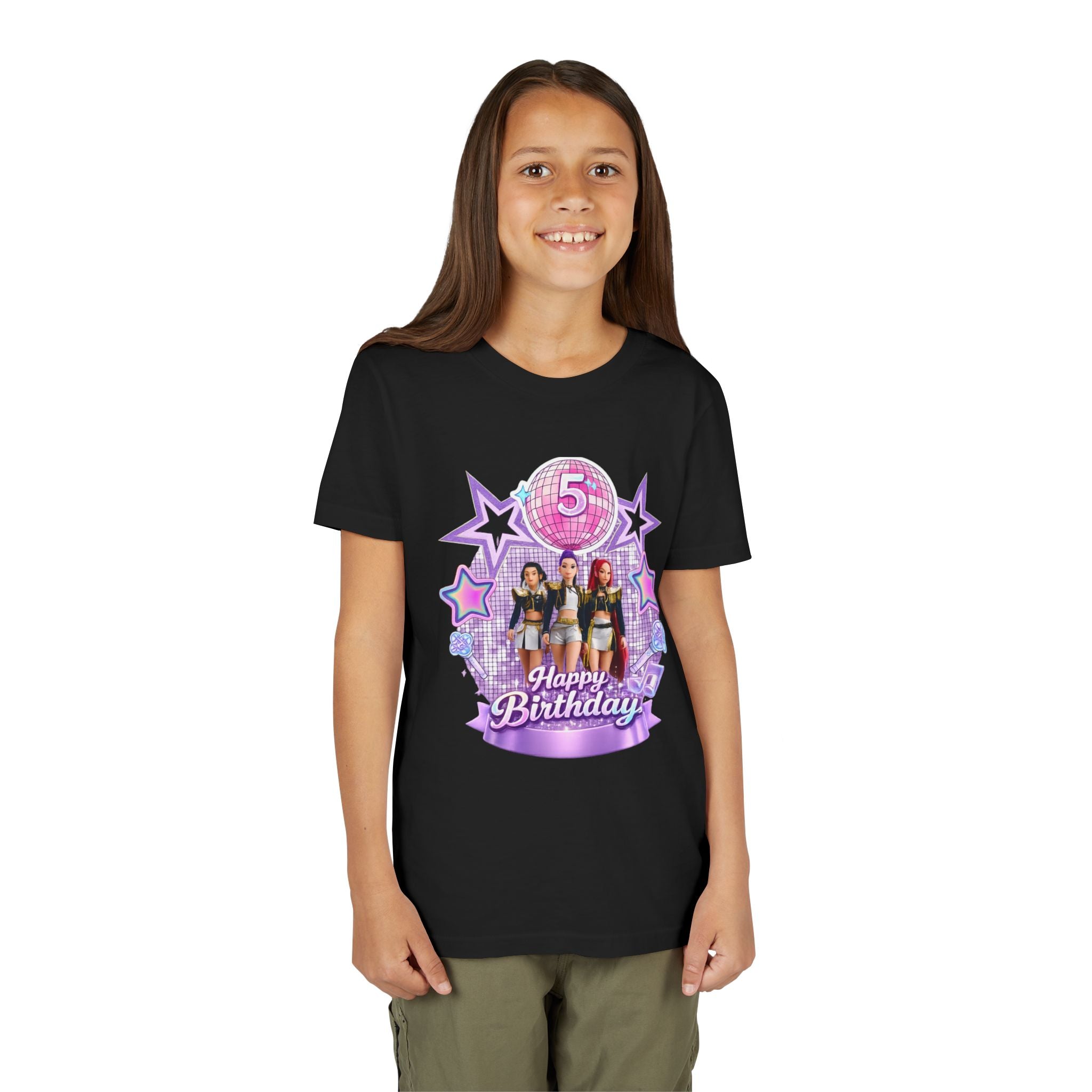 Girls' 5th Birthday Tee - 'Happy Birthday' Glitter Stars Design