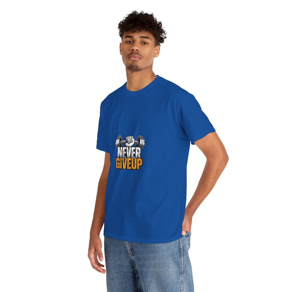 Never Give Up Fitness T-Shirt — Motivational Gym Tee with Dumbbell Graphic