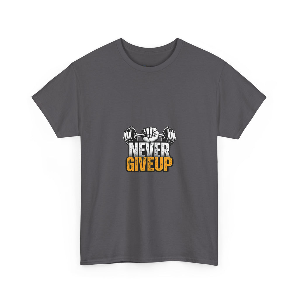 Never Give Up Fitness T-Shirt — Motivational Gym Tee with Dumbbell Graphic