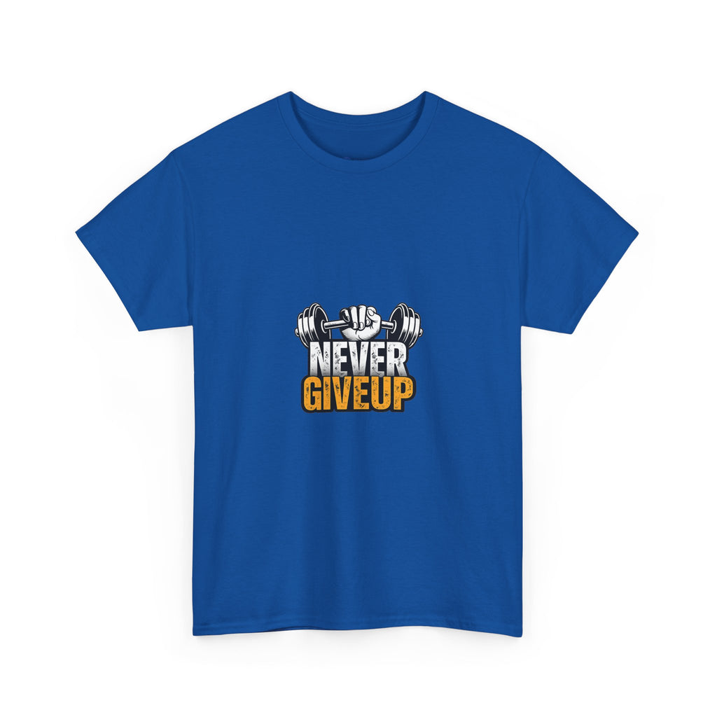 Never Give Up Fitness T-Shirt — Motivational Gym Tee with Dumbbell Graphic