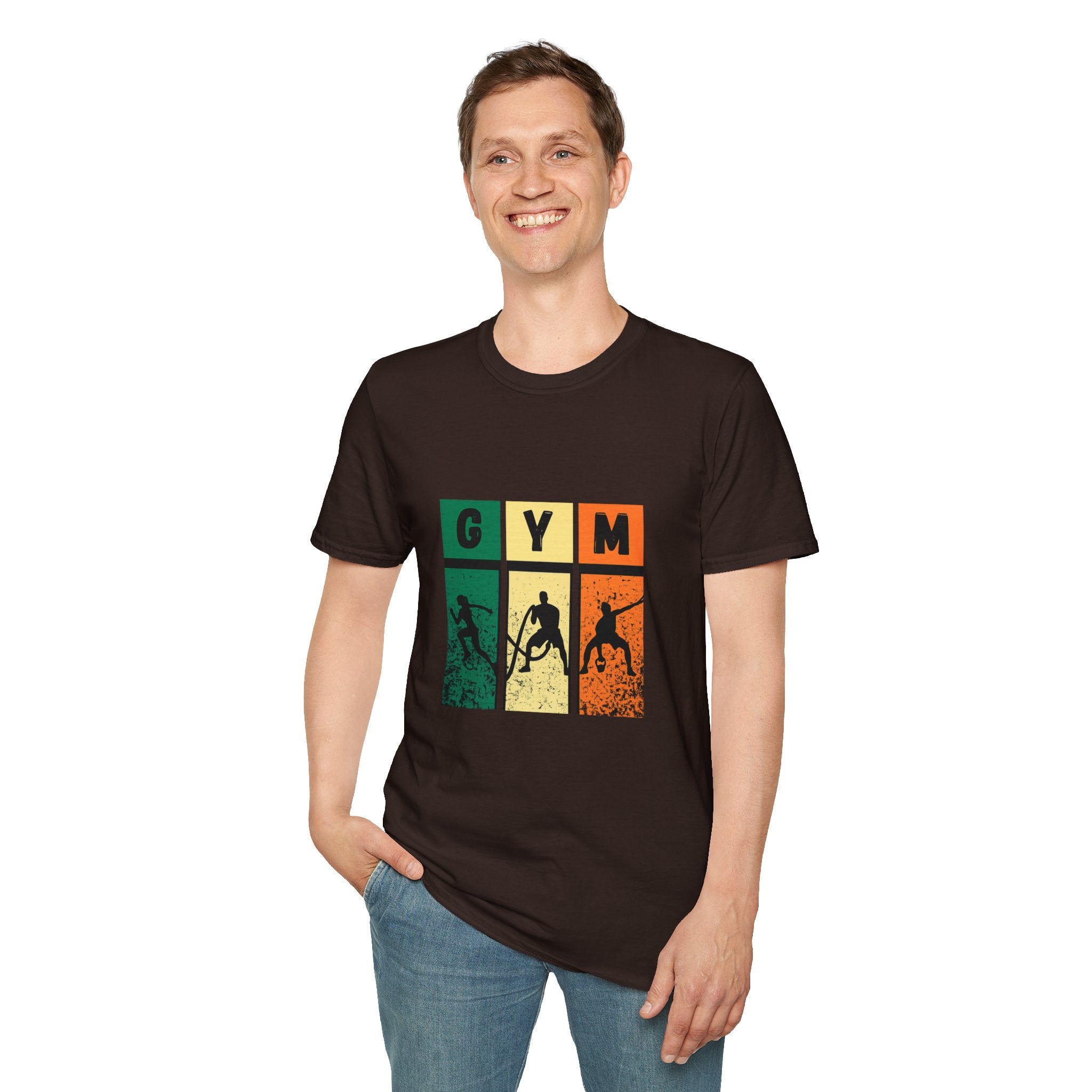 Gym Retro Blocks T‑Shirt — Vintage Fitness Silhouette Tee