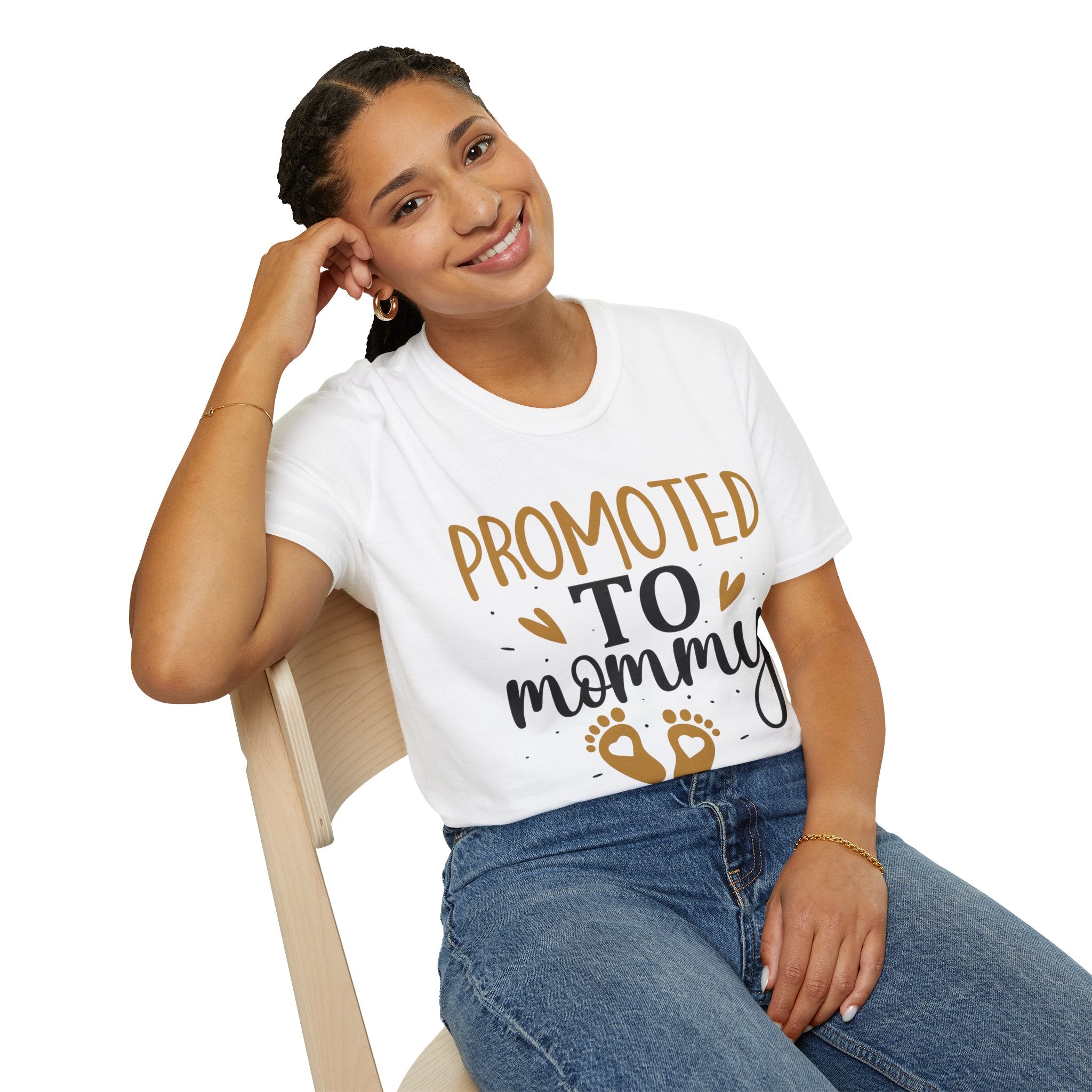 Promoted to Mommy T-Shirt — Pregnancy Announcement Tee with Gold Hearts & Baby Footprints