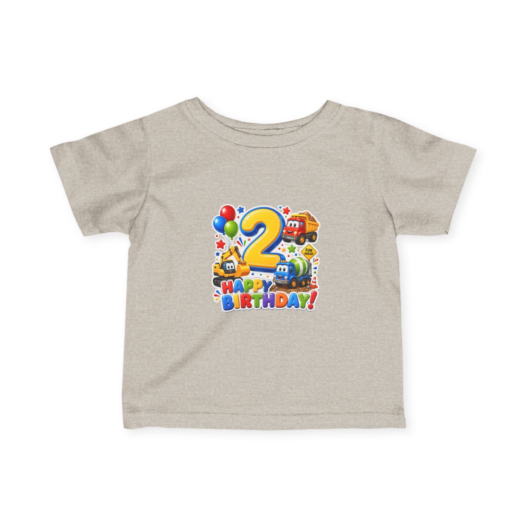 2nd Birthday Infant Tee — Colorful Trucks, Balloons & 'Happy Birthday' Design