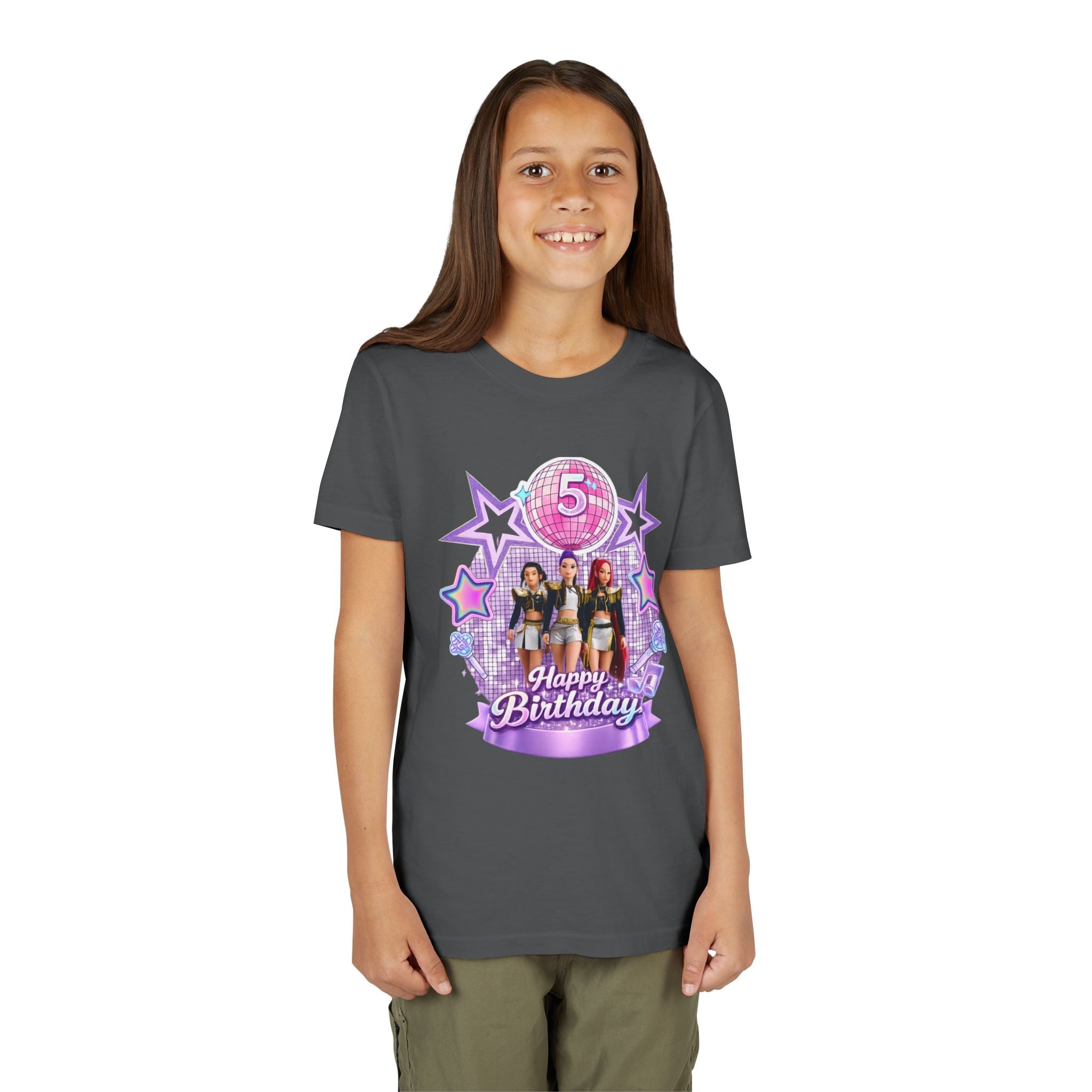 Girls' 5th Birthday Tee - 'Happy Birthday' Glitter Stars Design