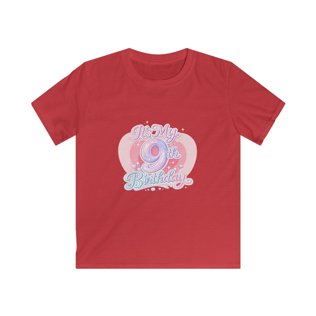 Kids 9th Birthday T‑Shirt - 'It's My 9th Birthday' Pink Heart Graphic Tee