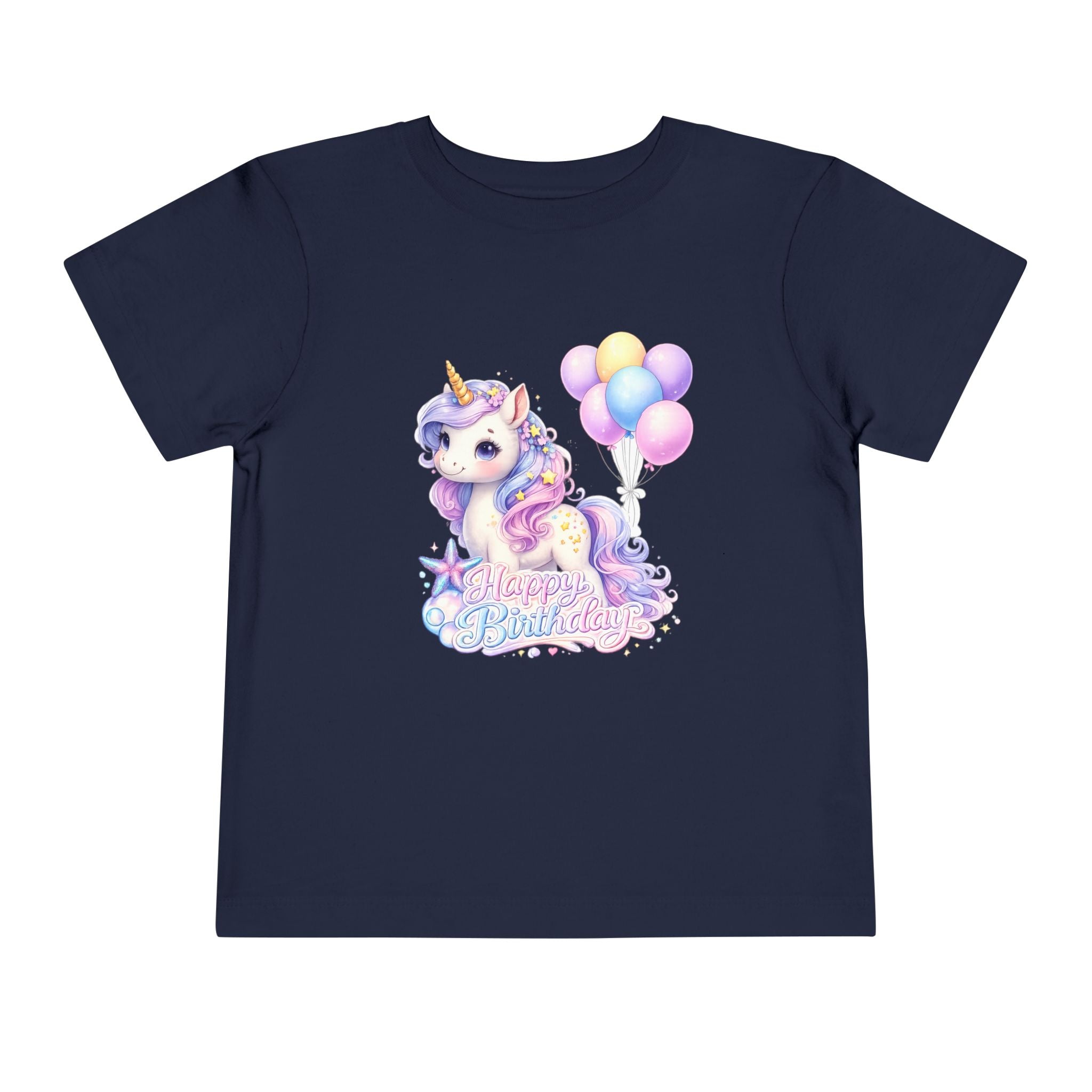 Toddler Tee — Pastel Unicorn "Happy Birthday" Shirt with Balloons