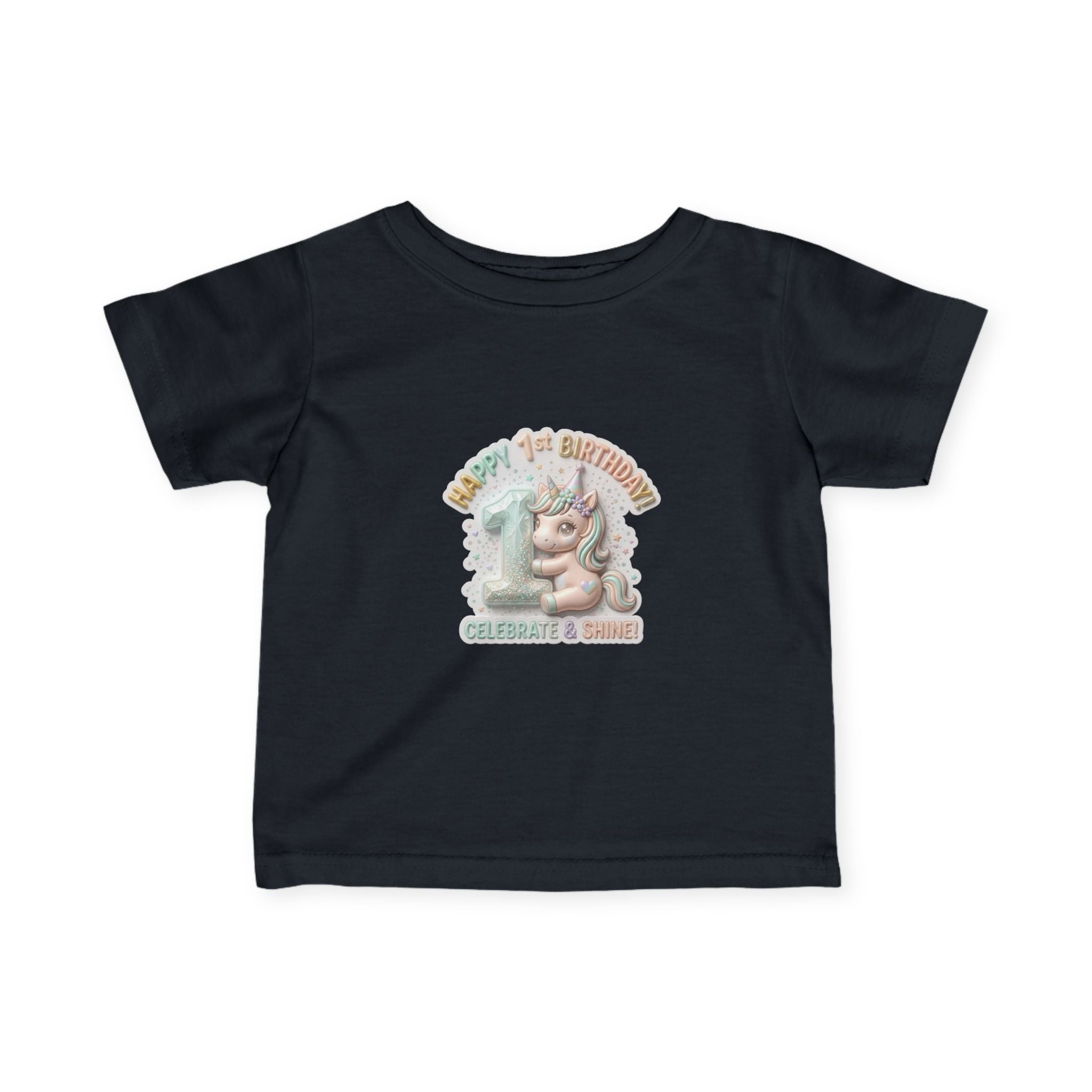 Infant Tee — 'Happy 1st Birthday' Pastel Unicorn Celebrate & Share