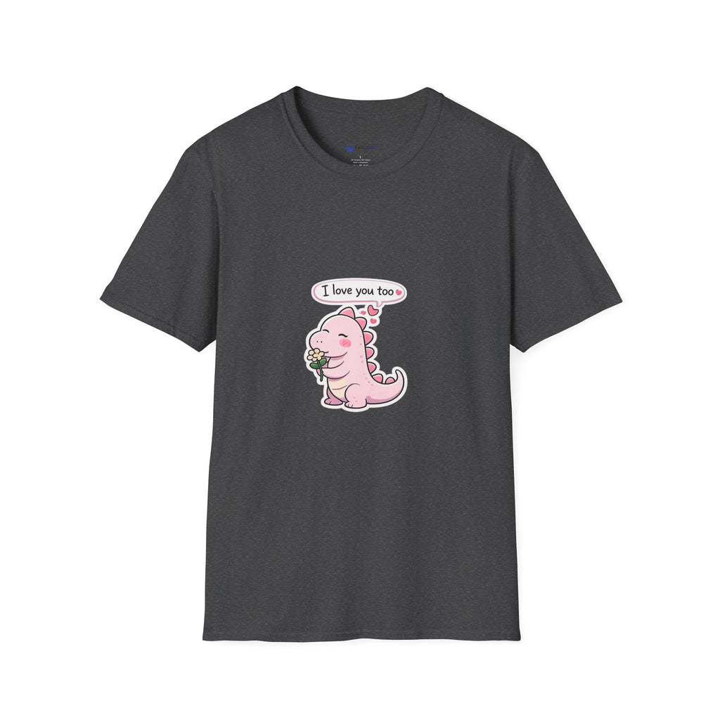 Cute Pink Dino T‑Shirt — "I love you too" Valentine Tee