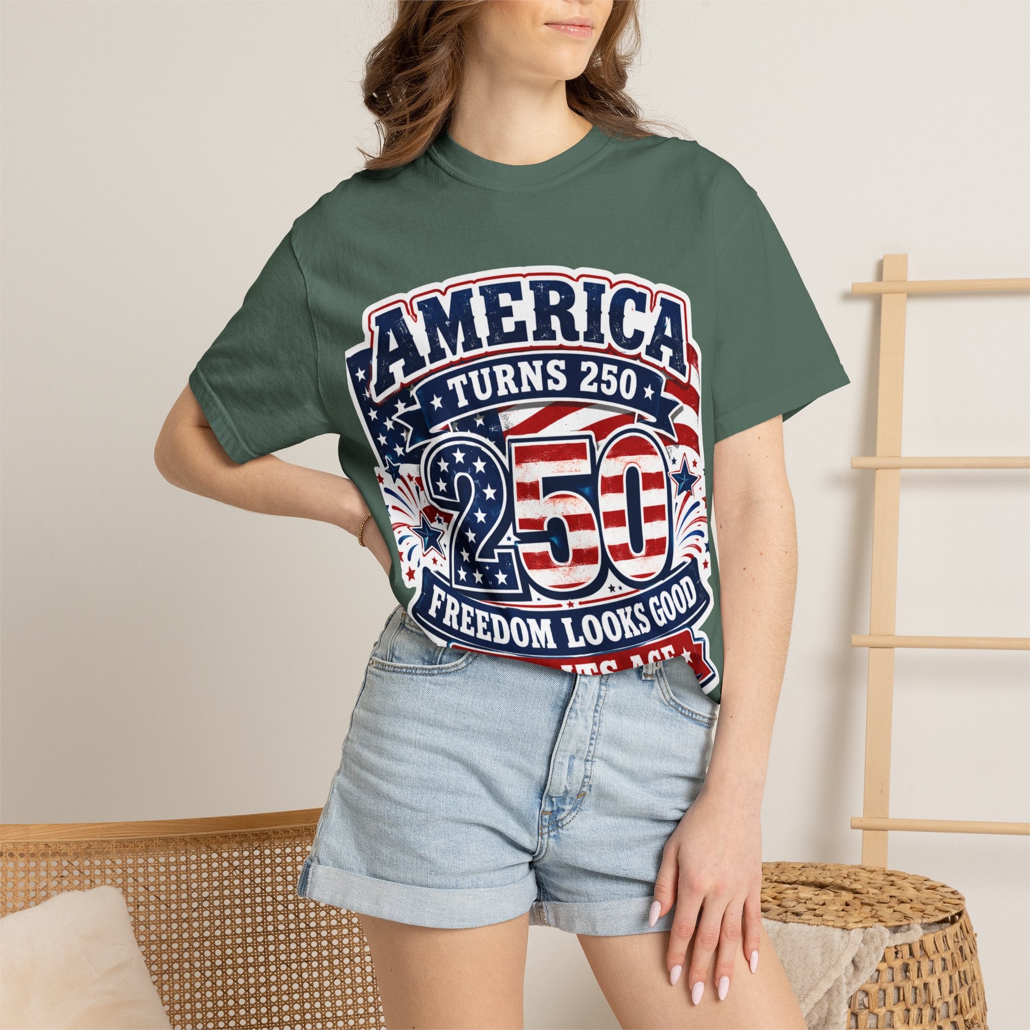America Turns 250 T-Shirt – "Freedom Looks Good For Its Age" Patriotic 4th of July Tee