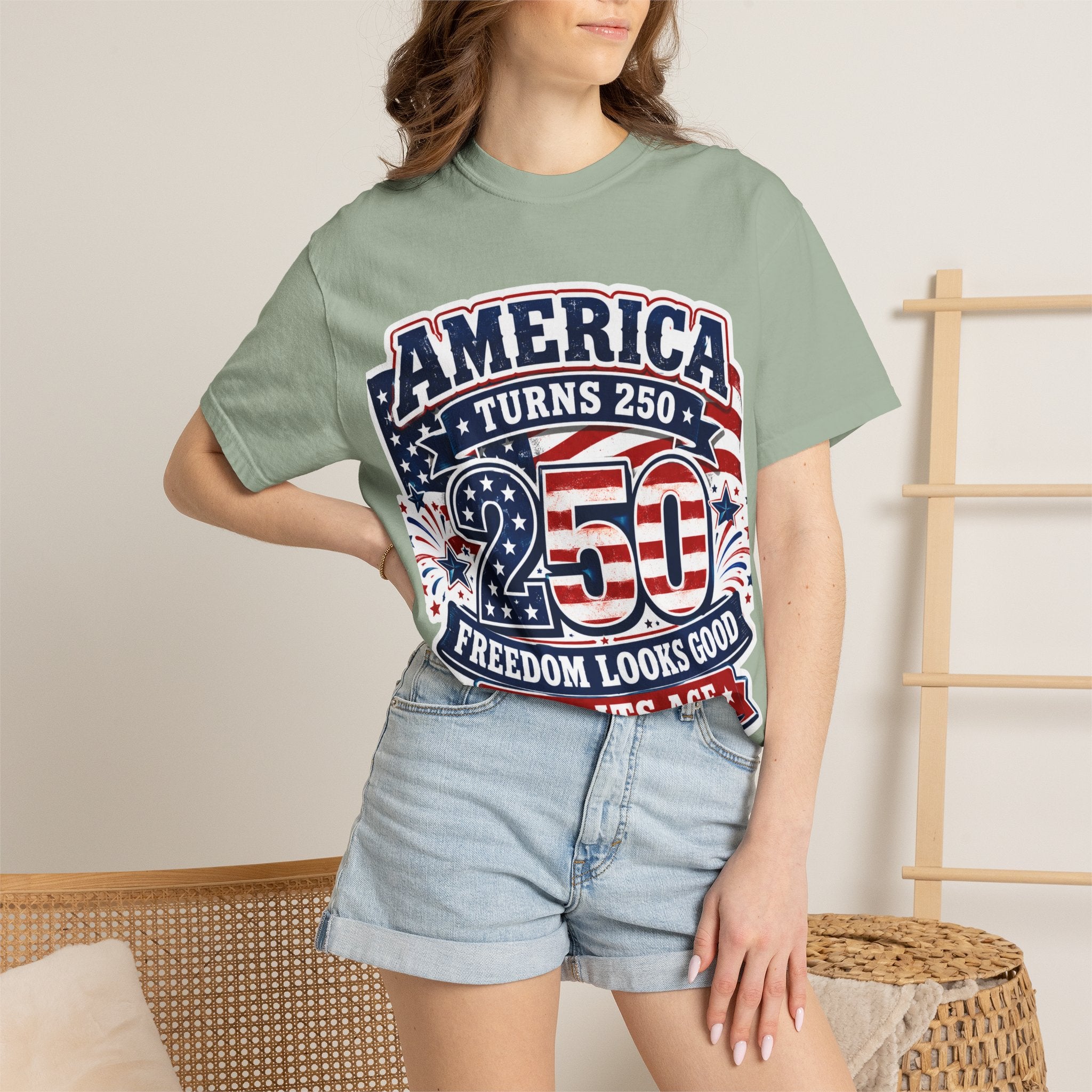 America Turns 250 T-Shirt – "Freedom Looks Good For Its Age" Patriotic 4th of July Tee