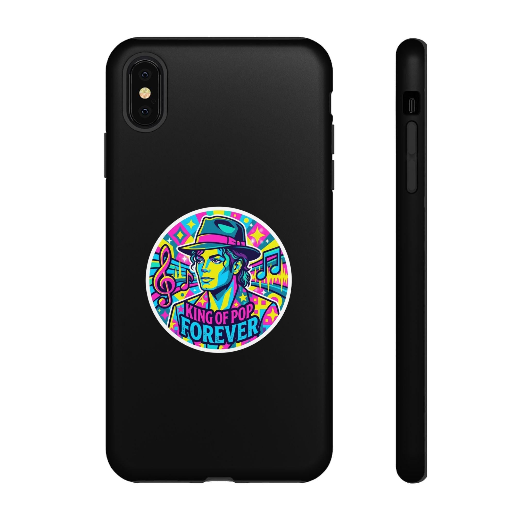 Matte Black iPhone Tough Cases 12 to 17 Pro Max  — "King of Pop Forever" Retro Pop Art Phone Case.