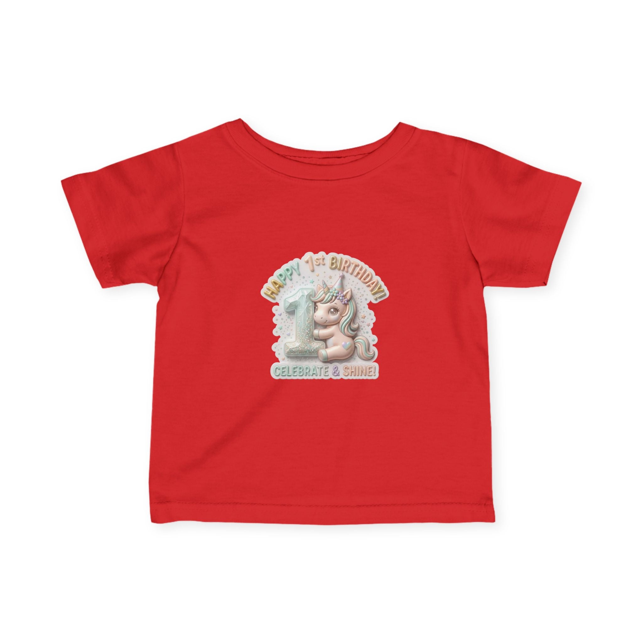 Infant Tee — 'Happy 1st Birthday' Pastel Unicorn Celebrate & Share