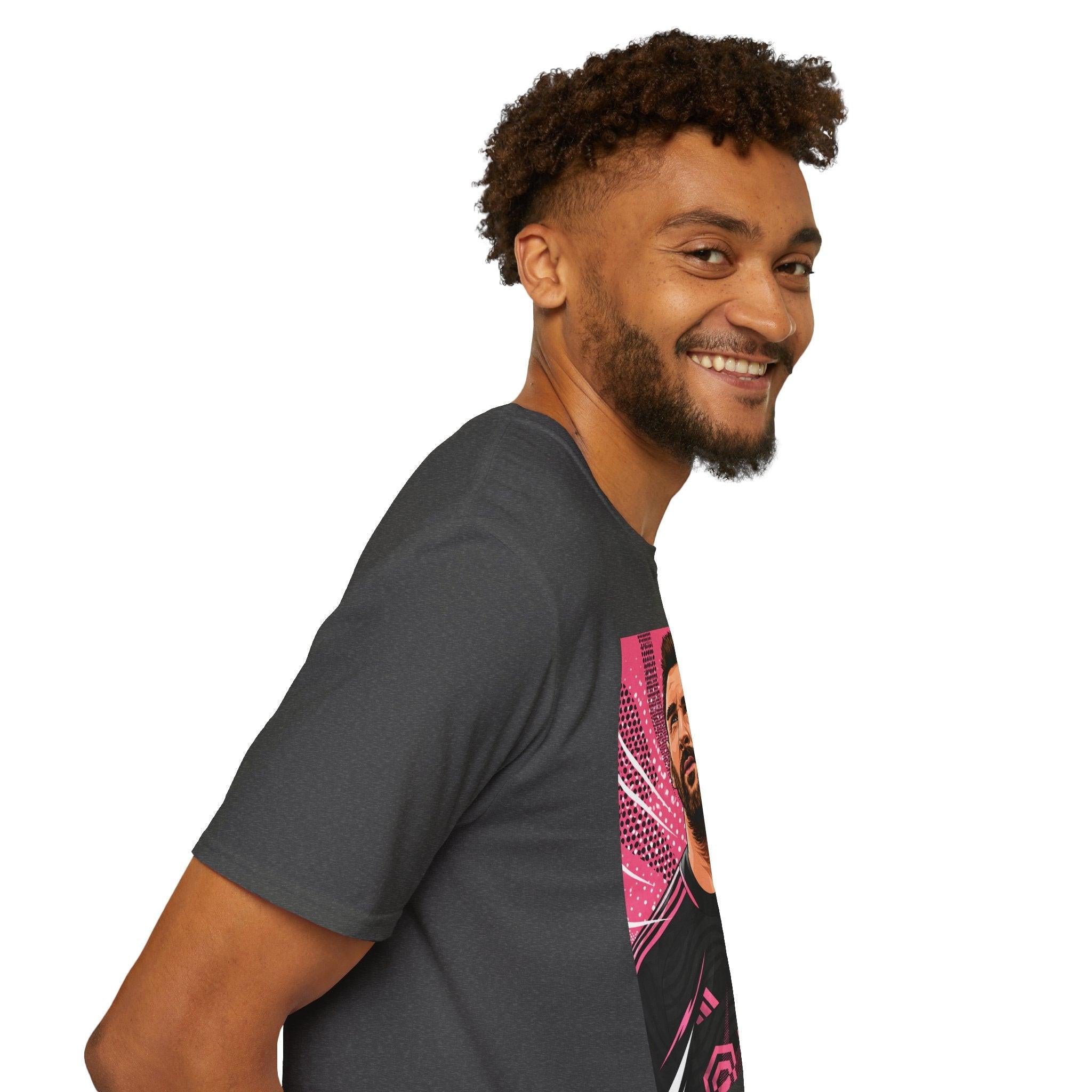 Soccer Star Graphic T‑Shirt — Retro Pink Icon Portrait.