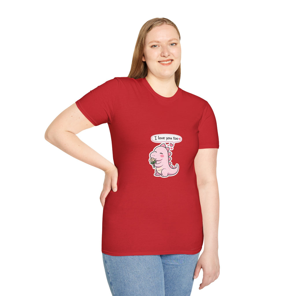 Cute Pink Dino T‑Shirt — "I love you too" Valentine Tee