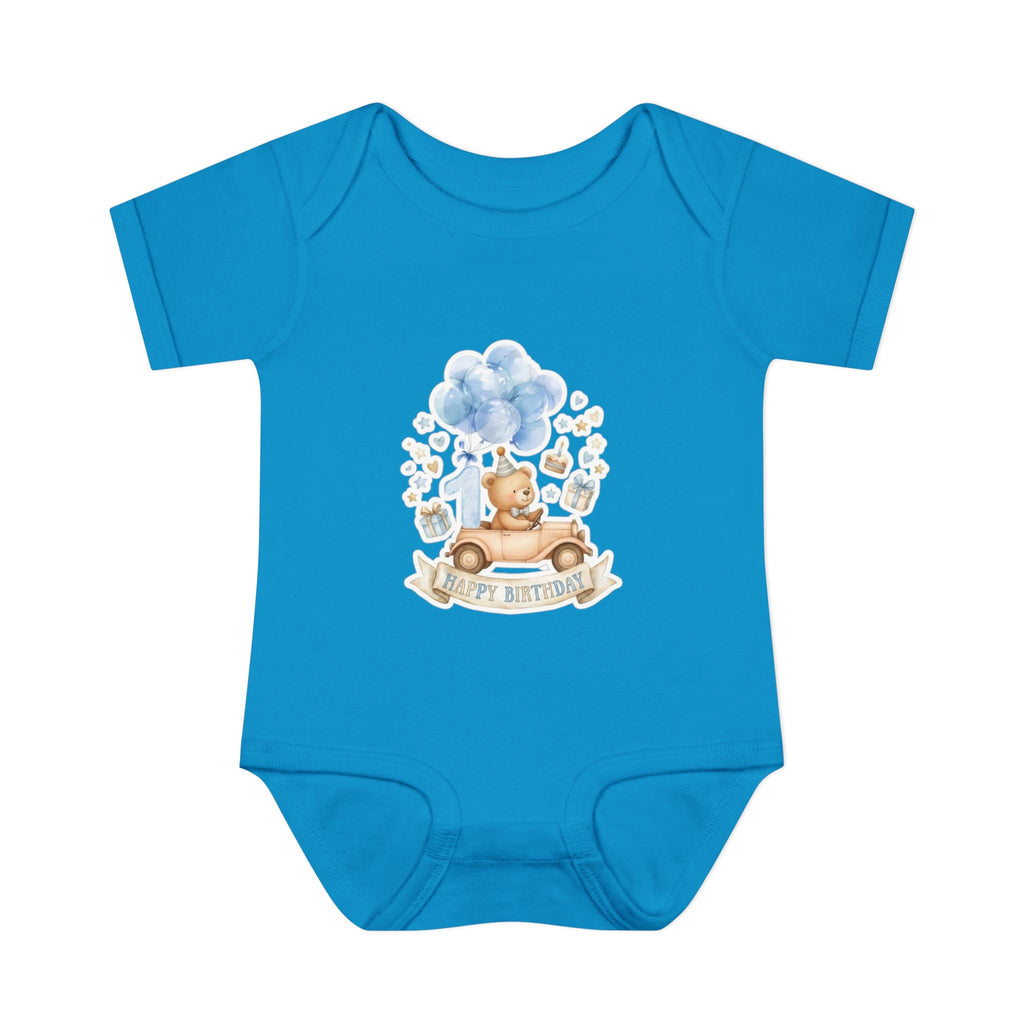 Baby Bodysuit - Blue Teddy Bear with Balloons "Happy Birthday" Infant Onesie