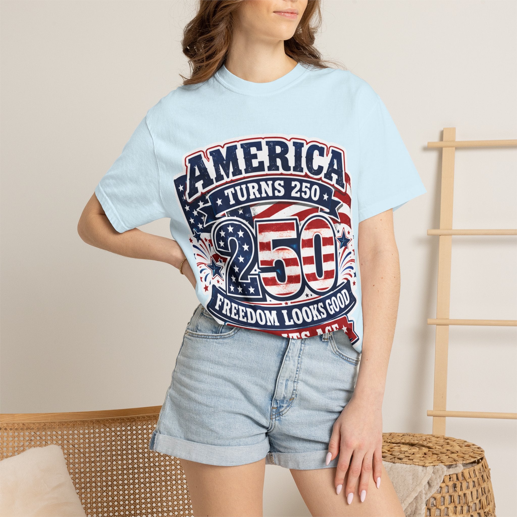 America Turns 250 T-Shirt – "Freedom Looks Good For Its Age" Patriotic 4th of July Tee