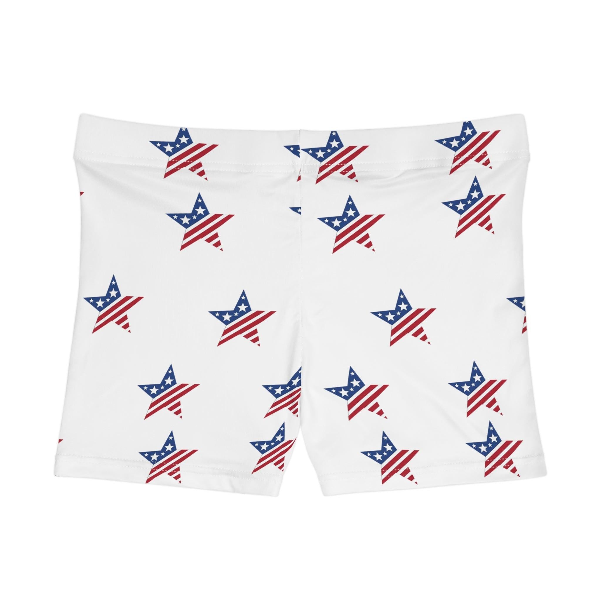 American Flag Star Women's Shorts — Patriotic Fourth of July Swim/Activewear.