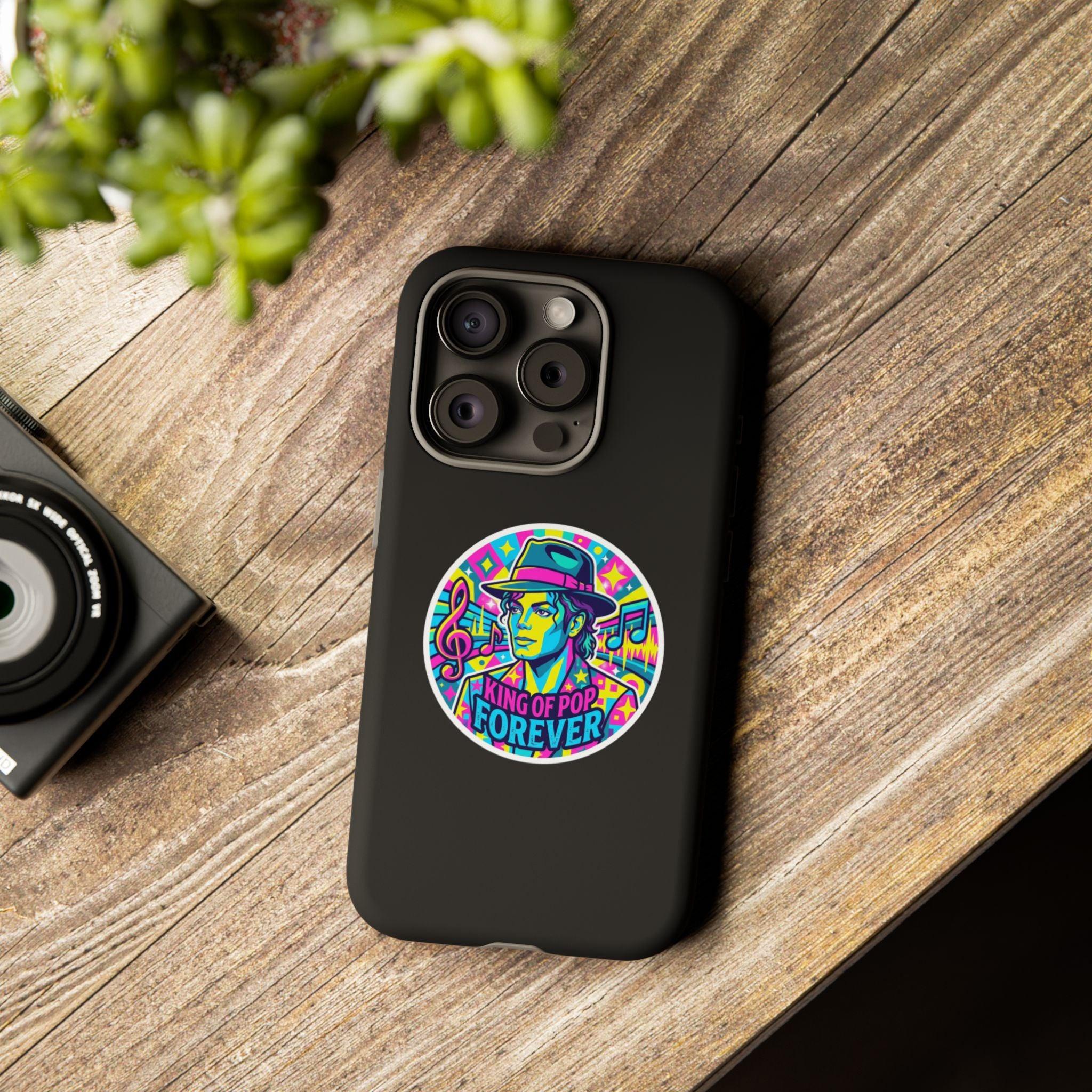 Matte Black iPhone Tough Cases 12 to 17 Pro Max  — "King of Pop Forever" Retro Pop Art Phone Case