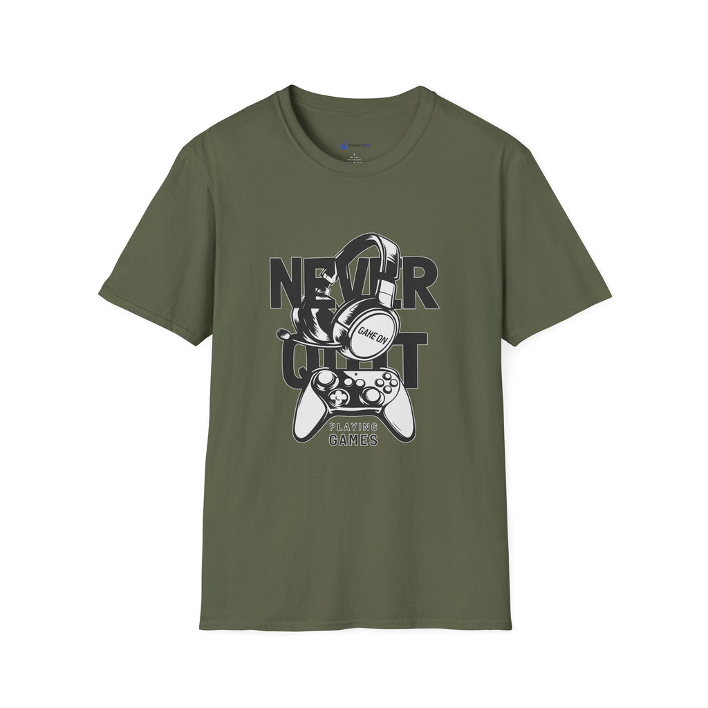 Gamer 'Never Quit' T-Shirt — Headphones & Controller Retro Gaming Tee
