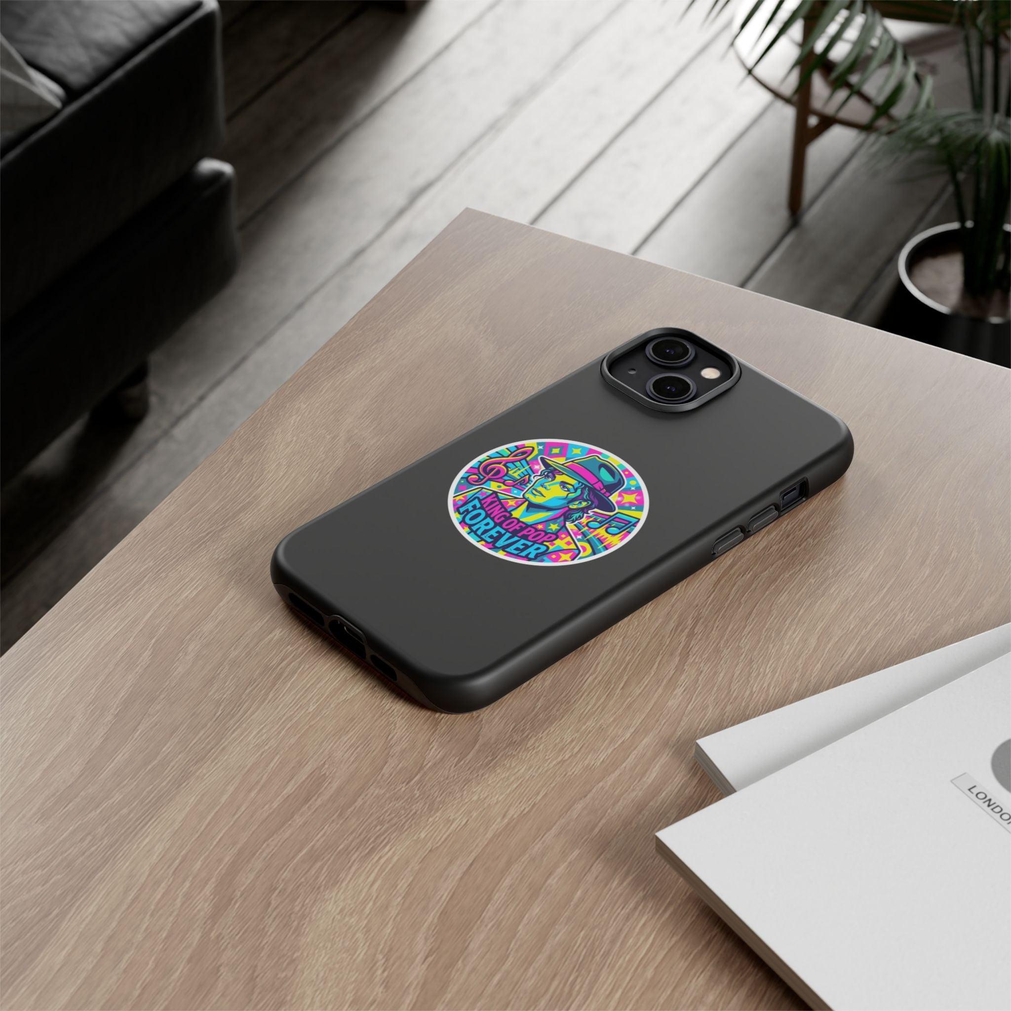 Matte Black iPhone Tough Cases 12 to 17 Pro Max  — "King of Pop Forever" Retro Pop Art Phone Case