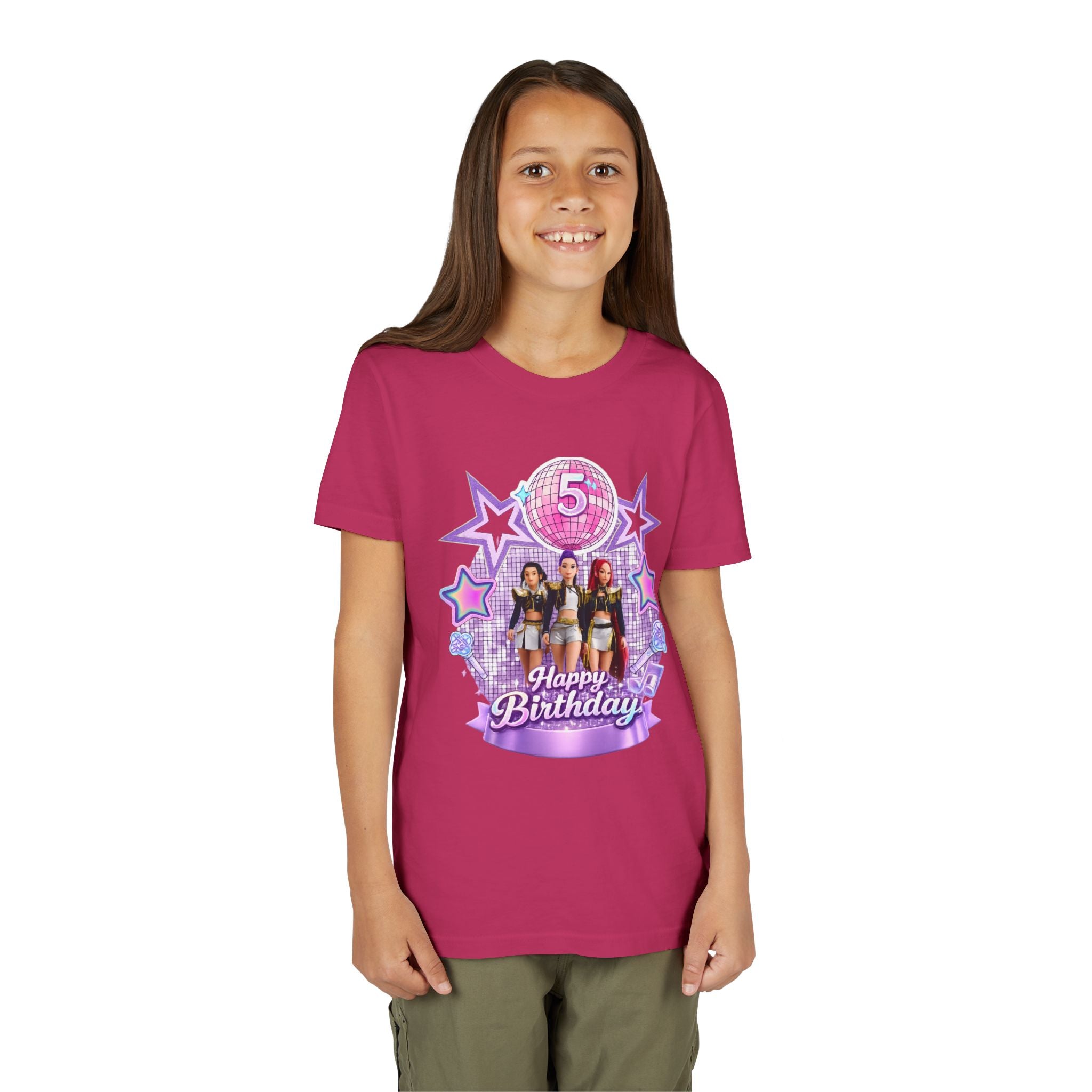 Girls' 5th Birthday Tee - 'Happy Birthday' Glitter Stars Design