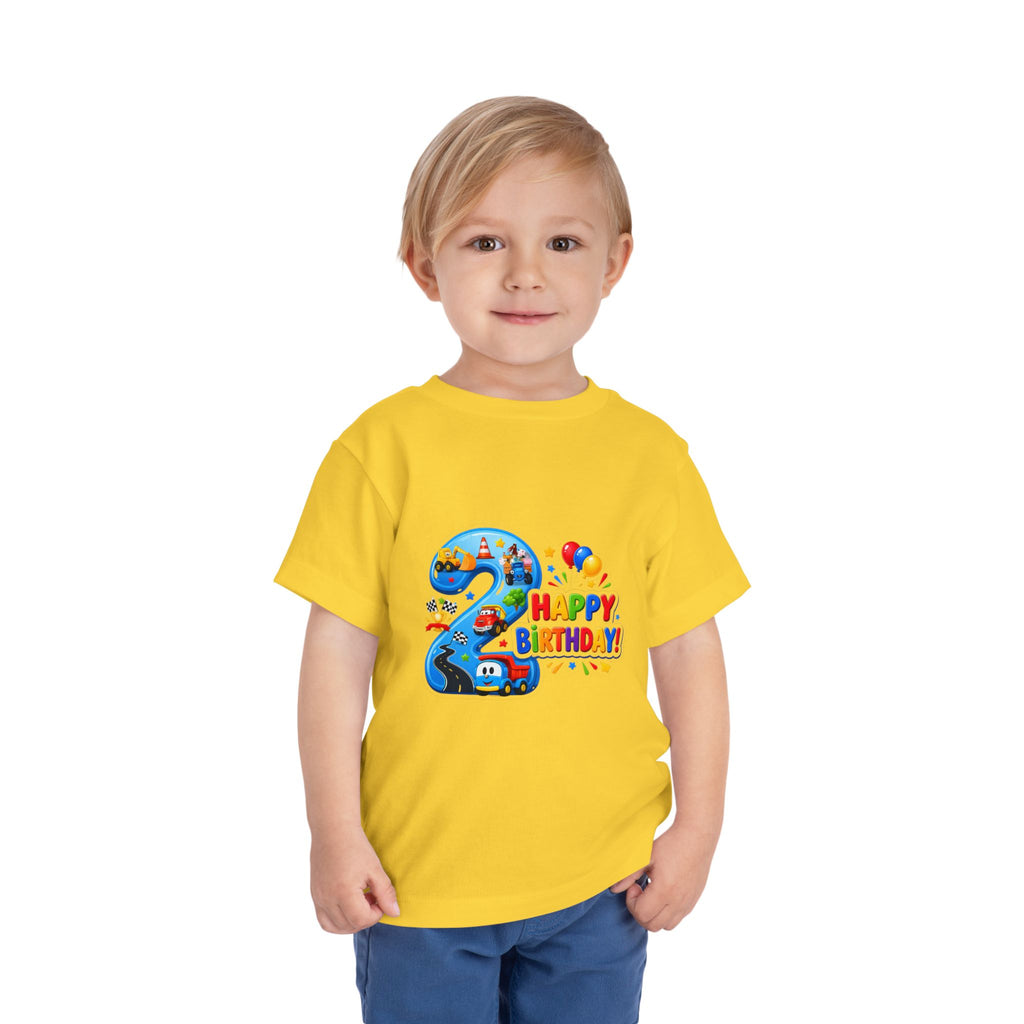2nd Birthday Toddler Tee — Happy Birthday Number 2 with Cars & Balloons