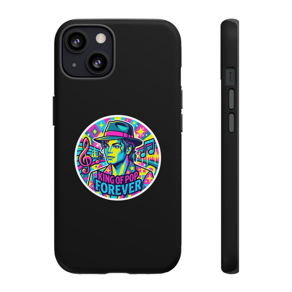 Matte Black iPhone Tough Cases 12 to 17 Pro Max  — "King of Pop Forever" Retro Pop Art Phone Case.