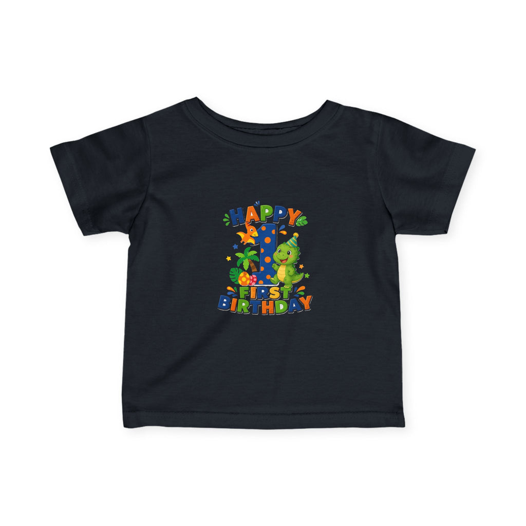 Happy 1st Birthday Infant Tee — Colorful Dino First Birthday Shirt