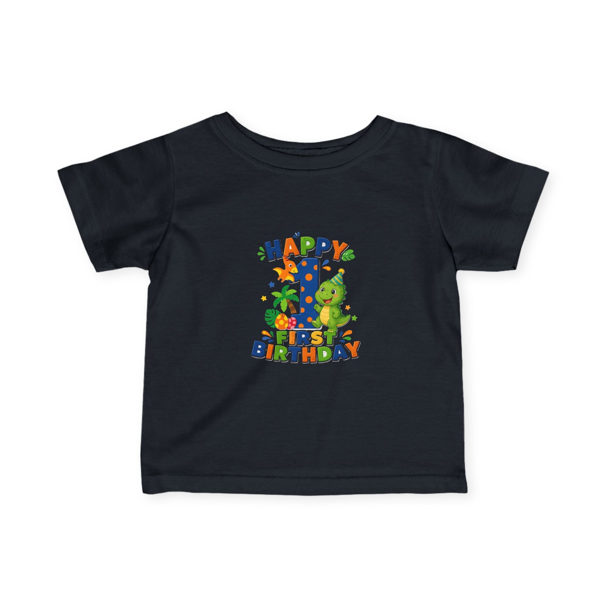 Happy 1st Birthday Infant Tee — Colorful Dino First Birthday Shirt