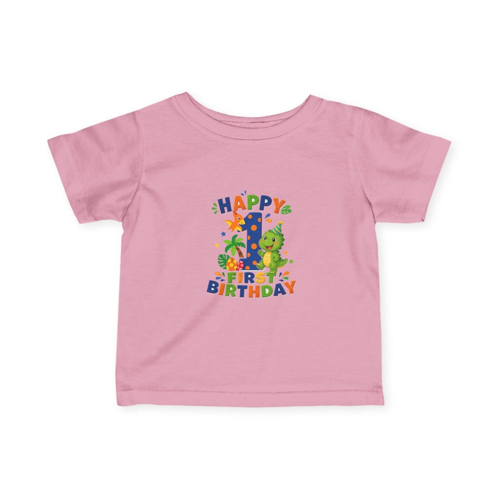 Happy 1st Birthday Infant Tee — Colorful Dino First Birthday Shirt