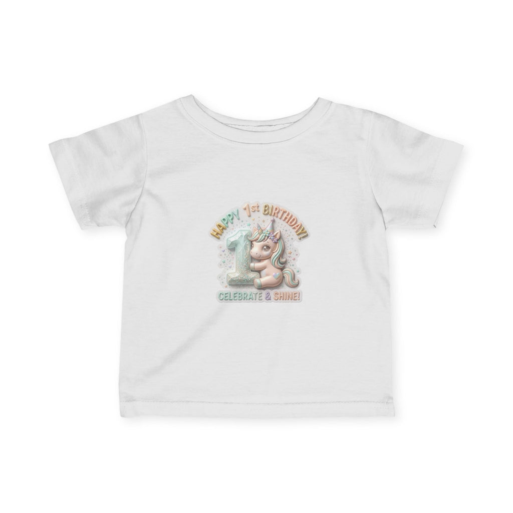 Infant Tee — 'Happy 1st Birthday' Pastel Unicorn Celebrate & Share