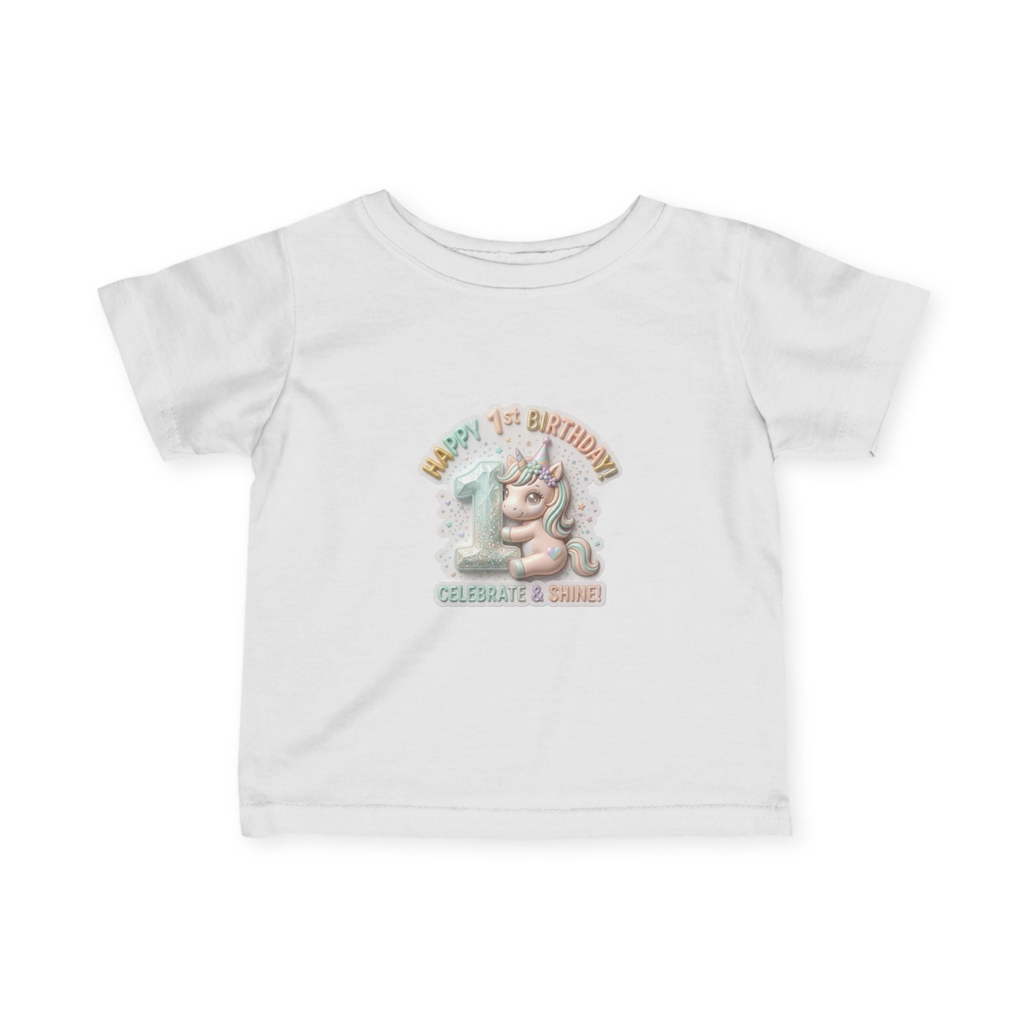 Infant Tee — 'Happy 1st Birthday' Pastel Unicorn Celebrate & Share