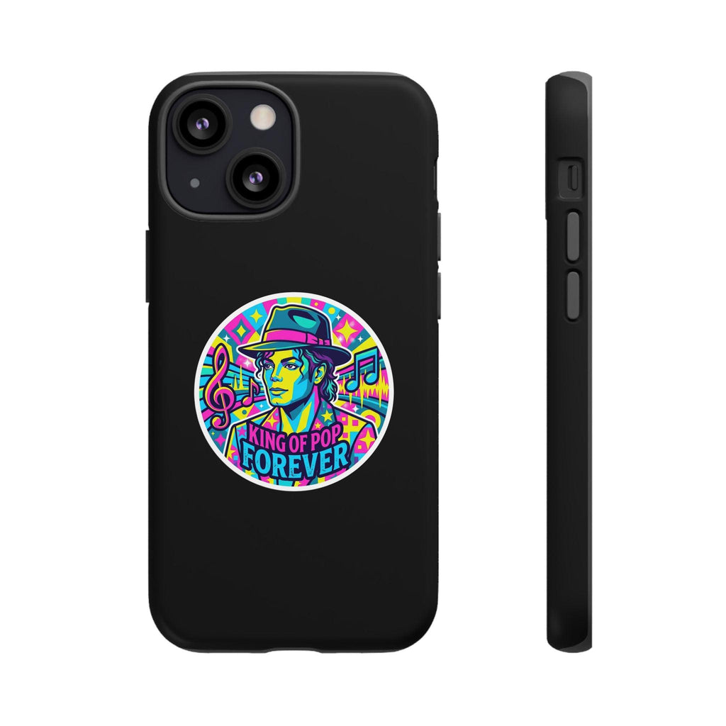 Matte Black iPhone Tough Cases 12 to 17 Pro Max  — "King of Pop Forever" Retro Pop Art Phone Case.