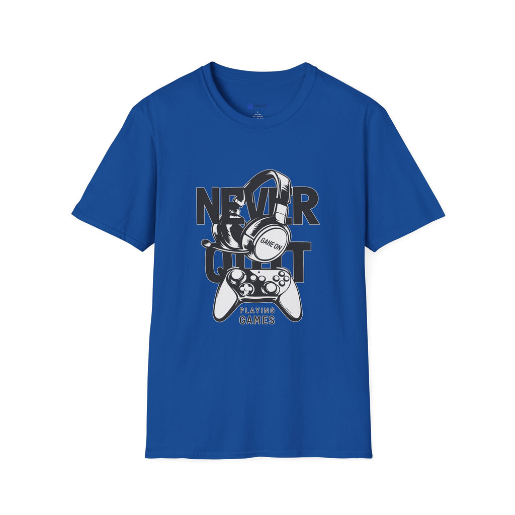 Gamer 'Never Quit' T-Shirt — Headphones & Controller Retro Gaming Tee