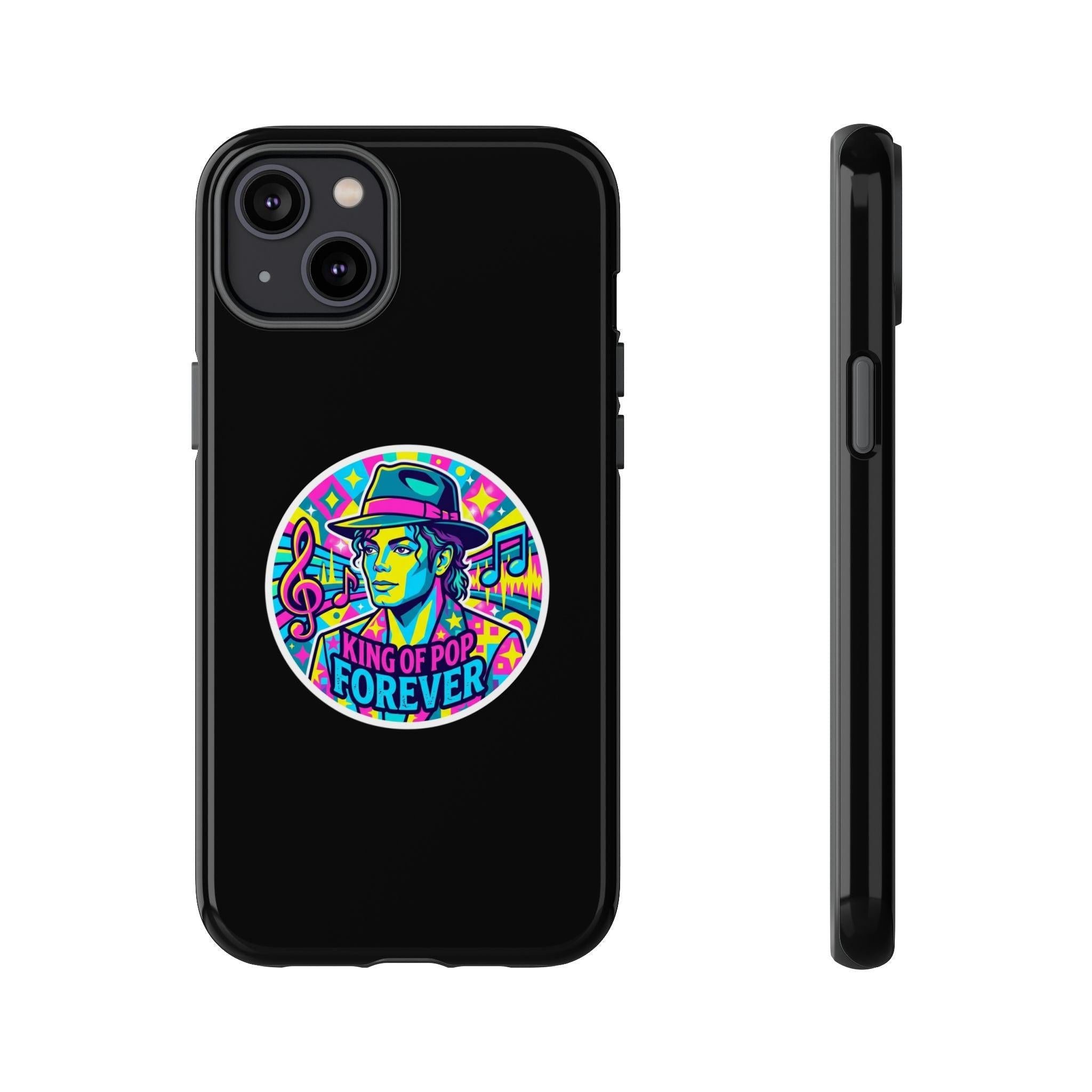 Matte Black iPhone Tough Cases 12 to 17 Pro Max  — "King of Pop Forever" Retro Pop Art Phone Case.