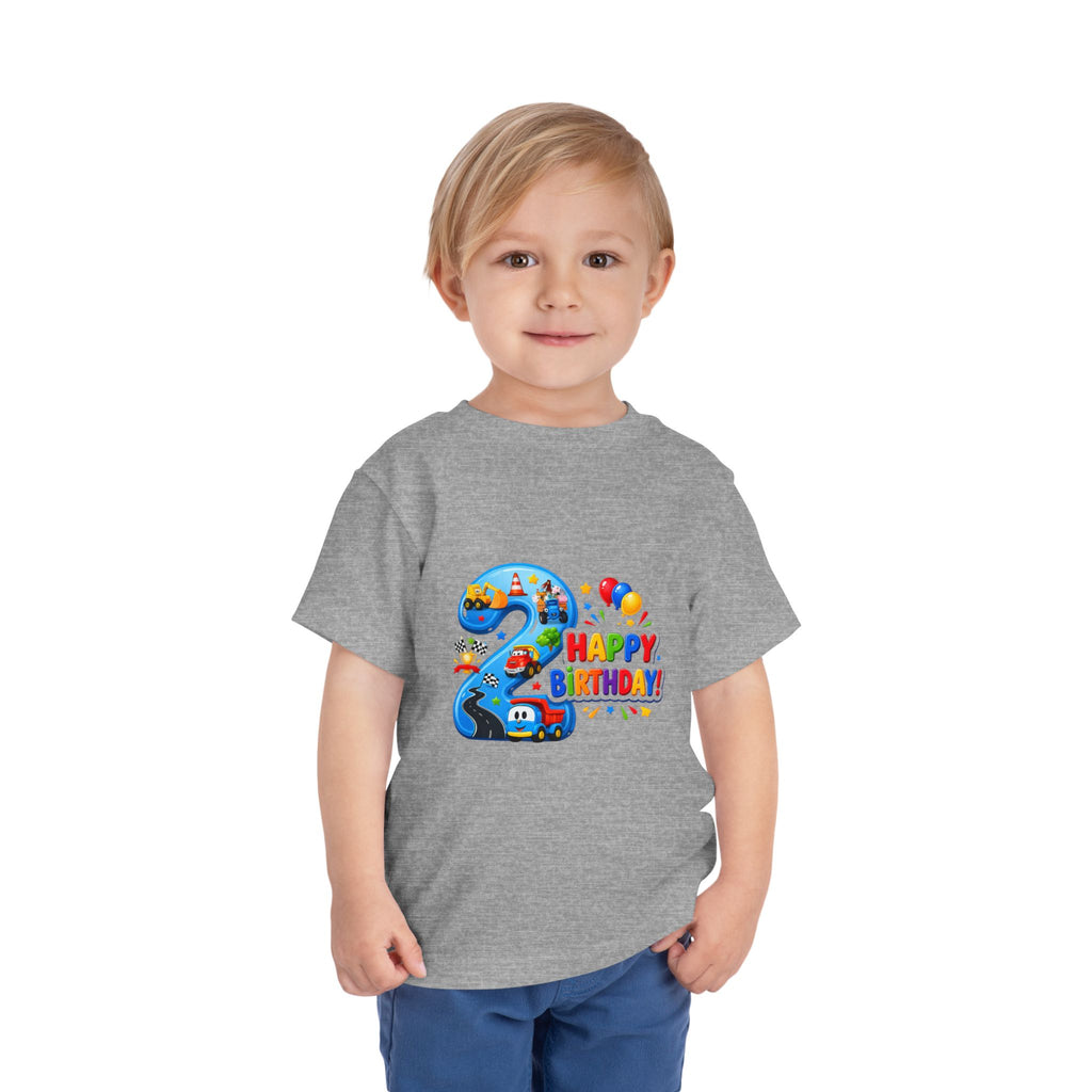 2nd Birthday Toddler Tee — Happy Birthday Number 2 with Cars & Balloons
