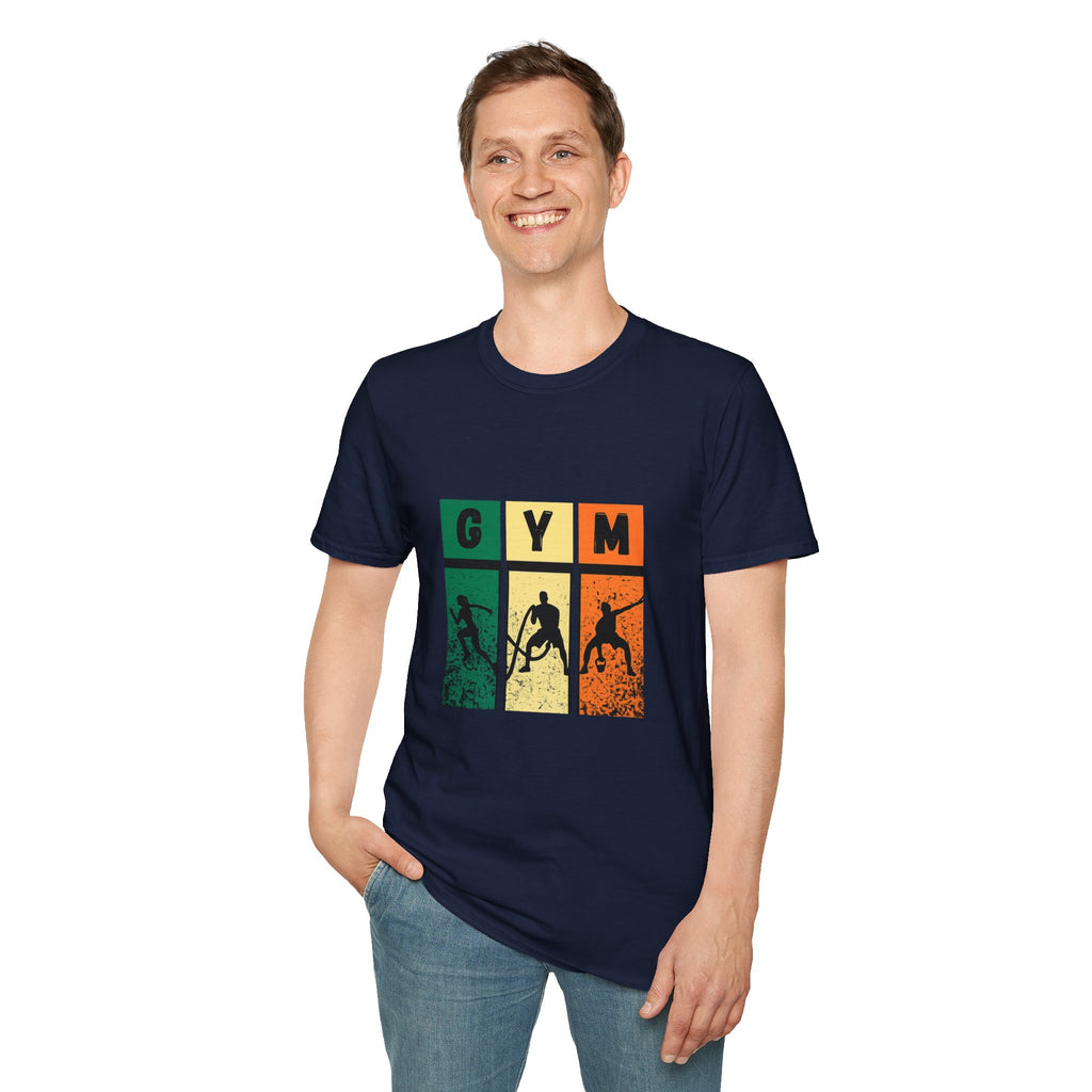 Gym Retro Blocks T‑Shirt — Vintage Fitness Silhouette Tee