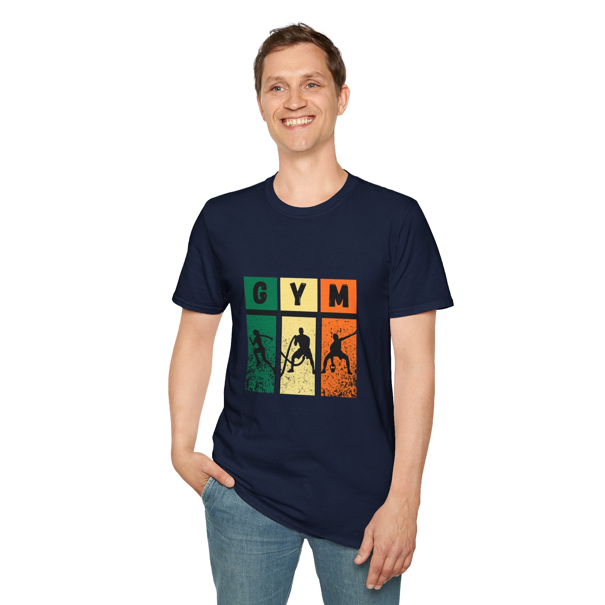 Gym Retro Blocks T‑Shirt — Vintage Fitness Silhouette Tee