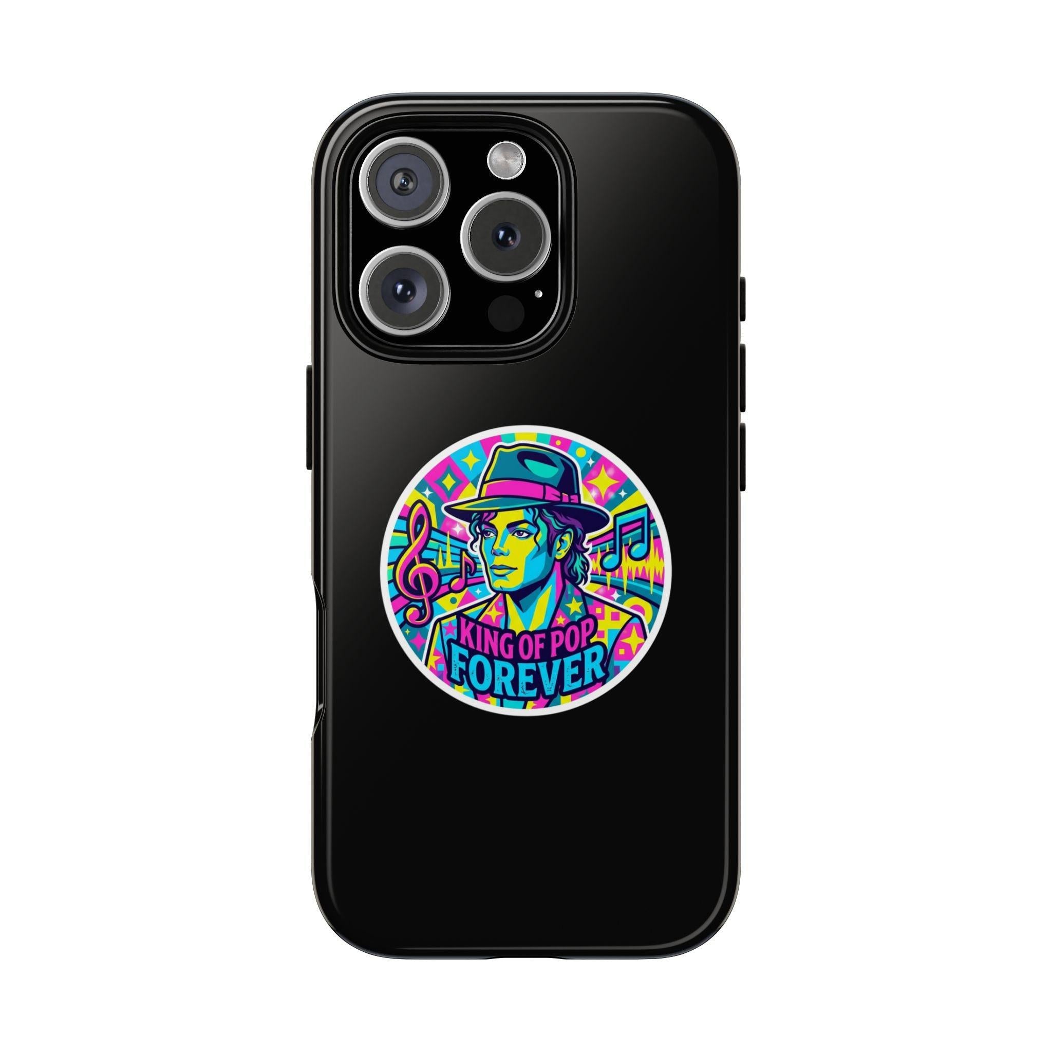 Matte Black iPhone Tough Cases 12 to 17 Pro Max  — "King of Pop Forever" Retro Pop Art Phone Case