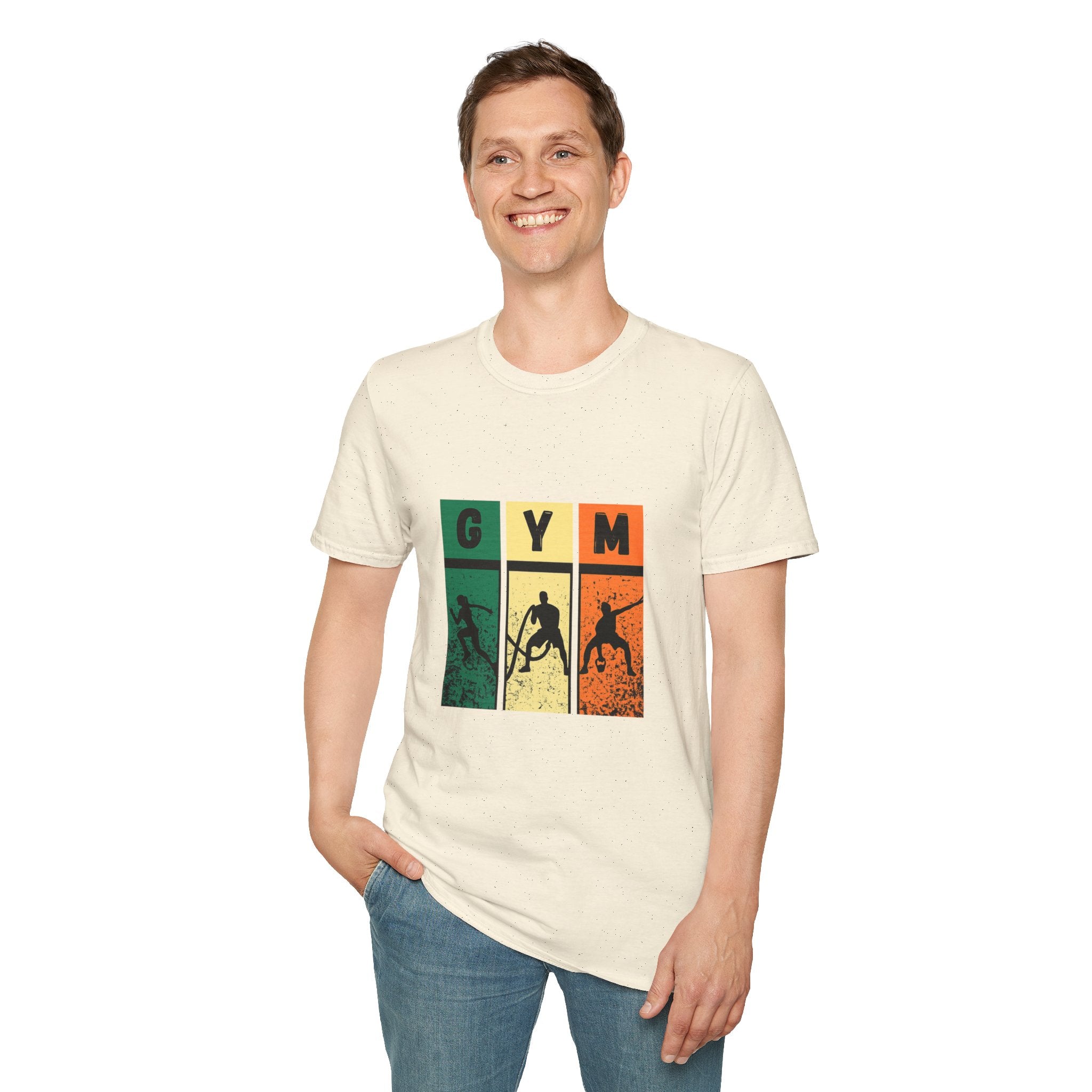 Gym Retro Blocks T‑Shirt — Vintage Fitness Silhouette Tee